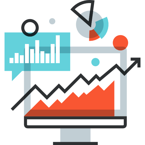 Analytics and reporting services icon featuring performance analytics dashboard, business growth metrics, KPI tracking, data visualization, and marketing performance analysis