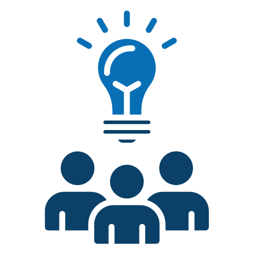 Business consulting services icon featuring strategic planning solutions, team collaboration, innovation, brainstorming, problem solving, and business growth strategies