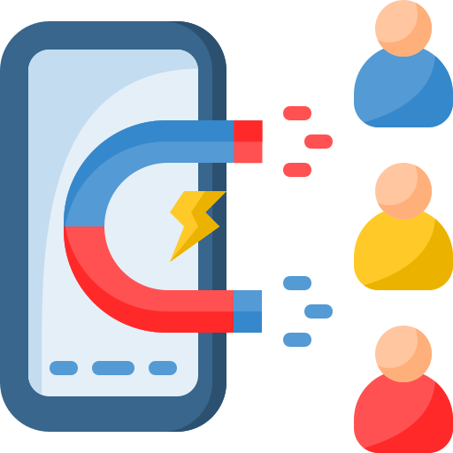 Lead generation services icon featuring customer acquisition solutions, audience targeting, prospect attraction, customer engagement, mobile marketing, and business growth