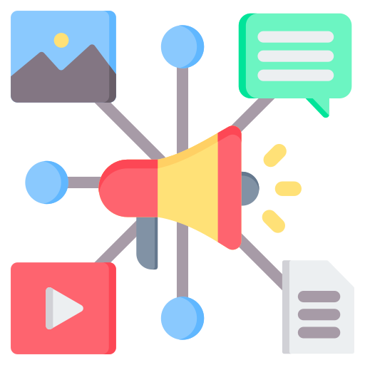 Content marketing services icon featuring multimedia content promotion, video marketing, image sharing, content distribution, audience engagement, and digital publishing