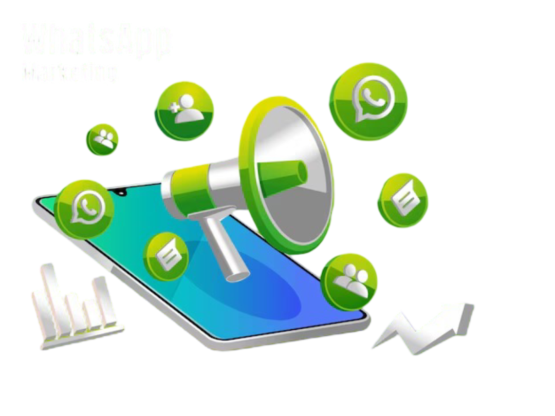 Illustration of WhatsApp marketing featuring a smartphone, megaphone, WhatsApp icons, messaging, customer engagement, analytics, and business growth elements.